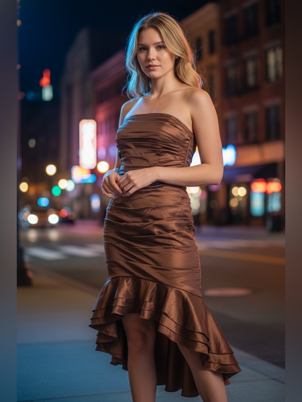 Mon Cheri Chocolate Brown Metallic Taffeta Ruched Dress Fall Wedding Gala Gown